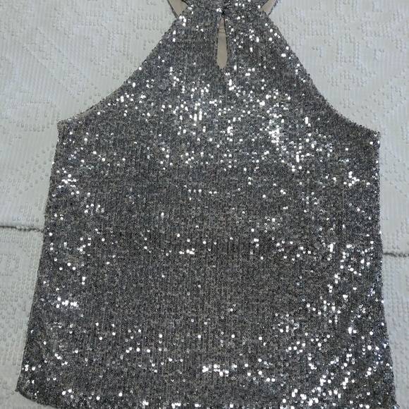 Cable & Gauge Sequins Silver Halter Tank Top Size M - Picture 1 of 3
